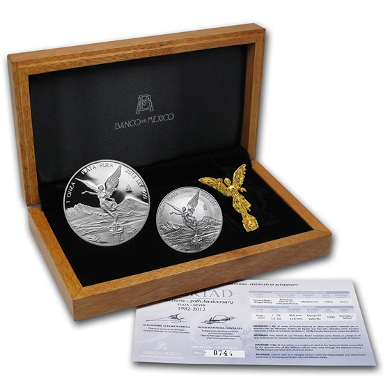 2012 Mexico 2-Coin Silver Libertad Anniv Set (1.5 oz, Wood Box) 2012 Mexico 2-Coin Silver Libertad Anniv Set (1.5 oz, Wood Box)